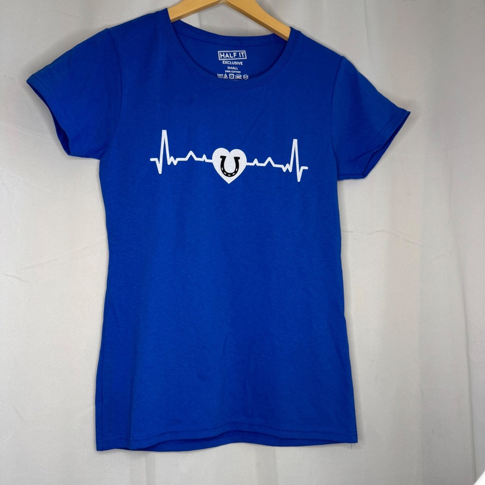 Half IT‎  Graphic Tee Horseshoe Heartbeat Short Sleeve Top Blue White Small NWOT